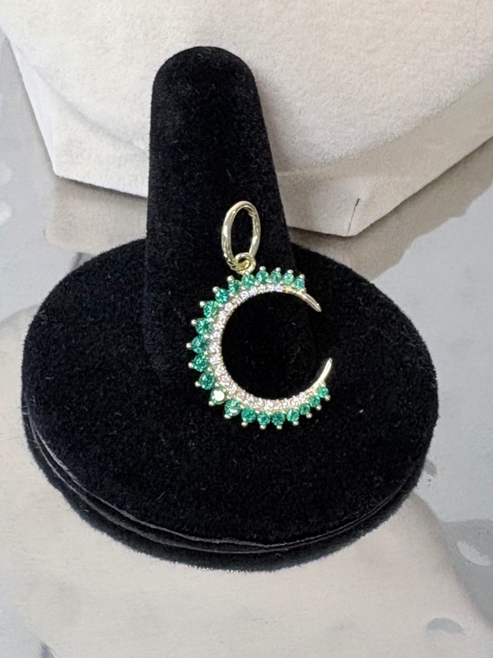 Crescent Moon pendant w emerald & diamond cz's